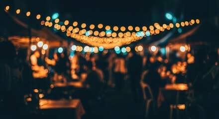 Blurred festive string lights over a crowd at night