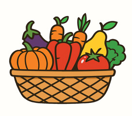 Colorful vector illustration of fruits and vegetables in a basket with white background.