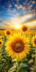 Obraz premium A golden sunflower field in summer with tall and vibrant flowers swaying gently in the breeze