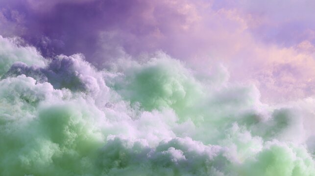 Ethereal green-tinted clouds swirl beneath a pastel purple and pink sky