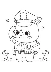 Coloring book page of cute rhino police officer standing with flowers.