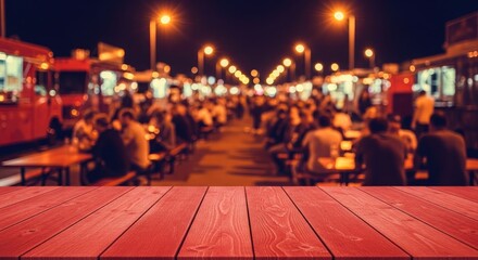 Blurred night scene of a bustling food truck festival with a wooden table foreground