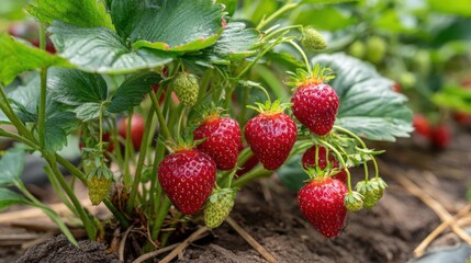 Fresh Ripe Strawberries Growing in a Sunny Garden Field