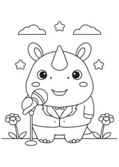 Coloring book page of rhino singer holding microphone.