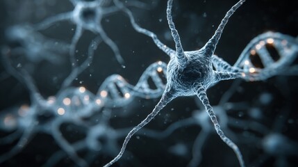 3d molecular structure with dna strands, atoms, and neuron connections on a futuristic scientific background for medicine, chemistry, biotechnology, and advanced research in science and technology