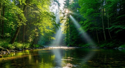 Obraz premium Beautiful Forest Landscape with Sunlight and River Stream.