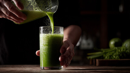 kitchen smoothie, hands pouring green juice into glass