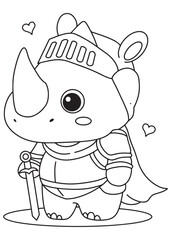 Coloring book page of rhino knight in armor with sword.
