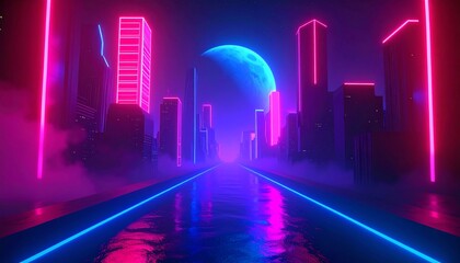 Retro-futuristic cityscape at night, neon lights in pink and blue, tall skyscrapers with glowing outlines, synthwave vaporwave style,