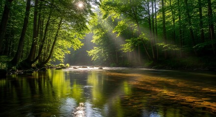 Fototapeta premium Sunlight filtering through a green forest canopy, illuminating a serene river.