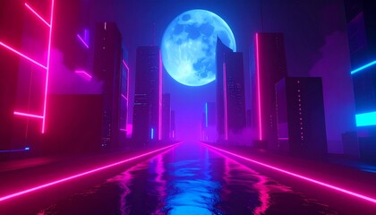 Retro-futuristic cityscape at night, neon lights in pink and blue, tall skyscrapers with glowing outlines, synthwave vaporwave style,