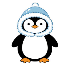 Fototapeta premium Cartoon penguin with blue winter hat and orange feet, isolated isolated on white background