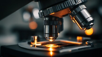 Toned close-up of a backlit microscope lens in a modern science laboratory with soft lighting highlighting scientific research and laboratory equipment