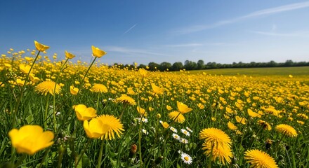 Fototapeta premium Golden Buttercup Flowers in a Green Meadow on a Sunny Day.