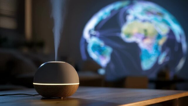 Focused medium shot of a compact aroma diffuser resting on a desk releasing subtle vapor with an outoffocus digital globe projection in the background representing synchronized