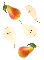 vibrant pears, halved and whole, on a transparent background