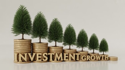 long term investment trend concept. Investment growth represented by trees on coin stacks.