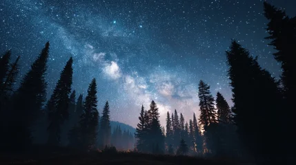 Wandcirkels Mistig bos Majestic Night Sky Over Evergreen Forest with Starry Background  © วิไลพรรณ เที่ยงธรรม