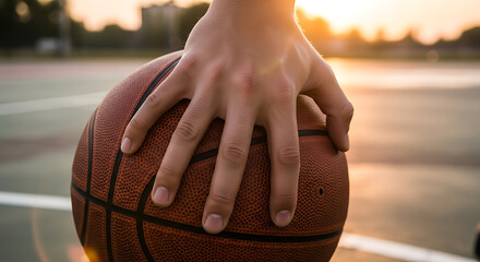 Close-up of a hand resting on a basketball at sunset.