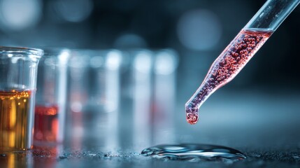 Close-up of chemical experiment with test tubes in a modern science lab, studying monkeypox virus, dropping liquids into glassware on desk with blurred laboratory background and copy space on the righ