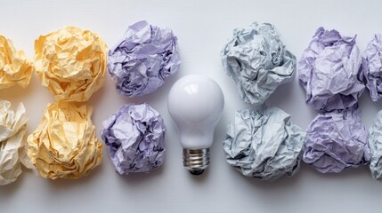 Crumpled paper balls and a light bulb, signifying ideas and innovation.