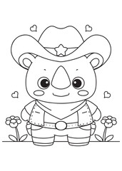 Coloring book page of rhino cowboy with hat and belt.