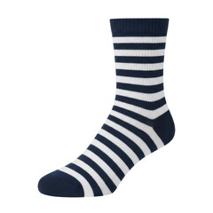 Navy and white striped sock, angled view, detailed texture, comfortable footwear isolated on white background