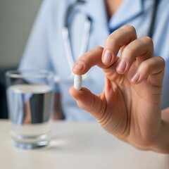 Doctor holding white capsule with water glass in background, ideal for medicine and patient care.