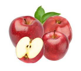 fresh and juicy red apples with leaves on transparent background