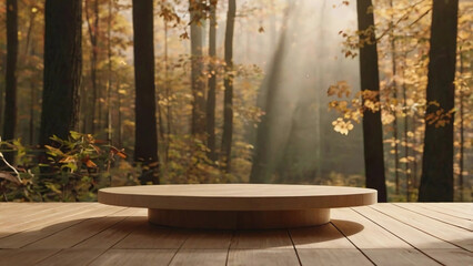 Round Wooden Podium in Sunlit Autumn Forest – Warm Morning Rays, Misty Bokeh Background, Empty Natural Stage for Product Display, Branding Mockup and Copy Space on Wooden Deck