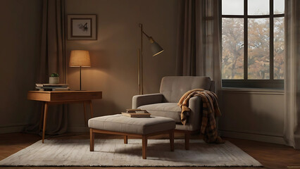 Warm Reading Nook Interior – Armchair with Ottoman, Throw Blanket and Lamps by Large Window, Calm Minimal Living Room in Neutral Tones with Autumn View for Hygge Home Decor