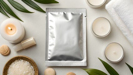 Metallic Lip Patch Sachet Mockup in Flat Lay Spa Setting – Blank Cosmetic Packaging for Beauty Branding, Skincare Product Presentation, and Luxury Wellness Marketing Display