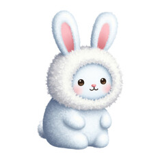 Obraz premium Cute cartoon bunny in fluffy winter outfit isolated on white background