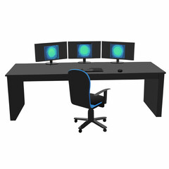 Vector art of a modern computer desk setup with three monitors and an ergonomic chair, isolated on a