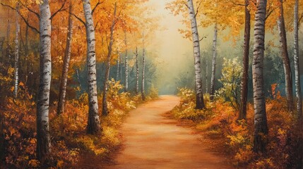 Obraz premium A painting of a path through a forest with birch trees and autumn foliage in warm golden light tones