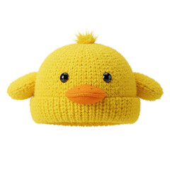 Adorable knitted duckling hat with fluffy wings and orange beak isolated on white background
