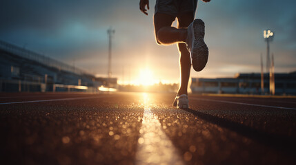 A runner strides forward on a track at sunrise, with the warm golden light casting dramatic shadows and highlighting the determination and energy of the moment.