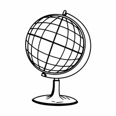 Vector art of a black and white line drawing of a globe on a stand, isolated on a, representing geography and global concepts
