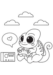 Coloring book page of iguana playing video game.