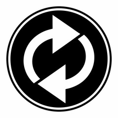 Vector art of a black circular icon with two white arrows forming a continuous loop, symbolizing refresh, repeat, or synchronization