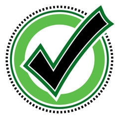 Vector art of a bold black check mark inside a vibrant green circle with a dotted border, symbolizing correctness and approval, isolated on a