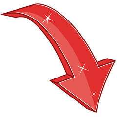 Vector art of a bright red arrow pointing downwards with a curved shape, isolated on a, symbolizing direction and movement