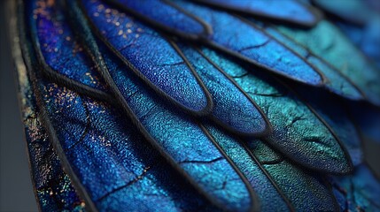 Extreme macro shot of a butterfly wing, revealing the intricate scales with shimmering iridescent blue hues, showcasing delicate textures and vibrant