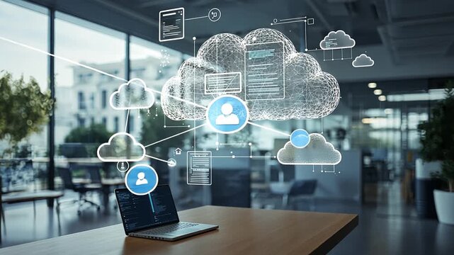 digital holographic cloud computing network hovers above a modern laptop on a wooden desk with connected user icons and data documents for remote work digital transformation IT concept