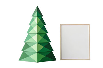 Obraz premium A geometric green paper christmas tree next to a blank white frame, isolated on a transparent background, symbolizing holiday crafting