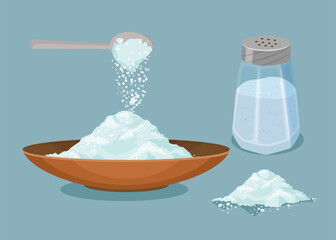 Salt shaker, spoon and bowl of salt. Do pour salt from spoon and shaker. Baking and cooking ingredient. Cartoon vector salt. Food seasoning. Kitchen utensils, stock illustration