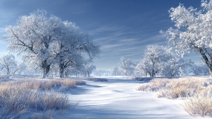 Winter snow scene with clear details of frost textures on trees and snow on grass, with white clouds and a gradient blue sky in the background