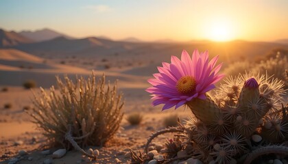 Purple Flower and Cactus in a Desert Sunset – Serene Southwestern Landscape