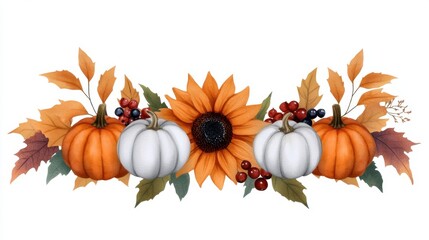 Harvest watercolor bouquet with pumpkins, sunflowers, berries and fall leaves