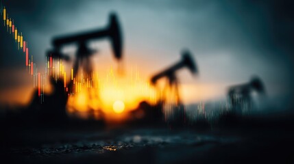 Oil Pumpjack Silhouettes at Sunset with Stock Market Data Overlay